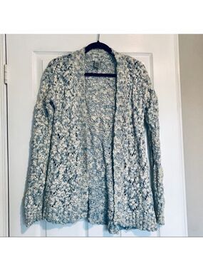 WD NY Open Knit White and Blue Cardigan Sweater Size Small